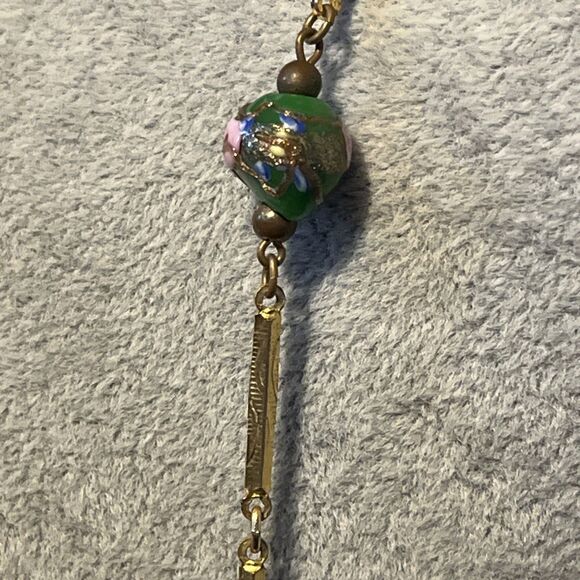 VIT Murano Venetian Wedding Cake Glass Bead Necklace Textured Gold Tone Links - Picture 4 of 12